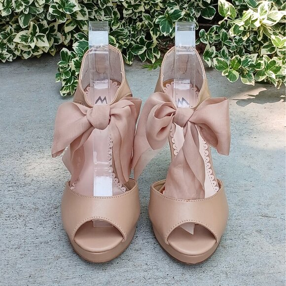 Shoedazzle Madison Tan Brown Bow Ankle Strap Peep Toe Platform High Heel Shoes - Picture 4 of 6